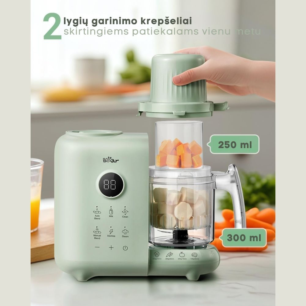 BEAR 6in1 garintuvas trintuvas su savaiminio išsivalymo, sterilizavimo ir pieno šildymo funkcija Green