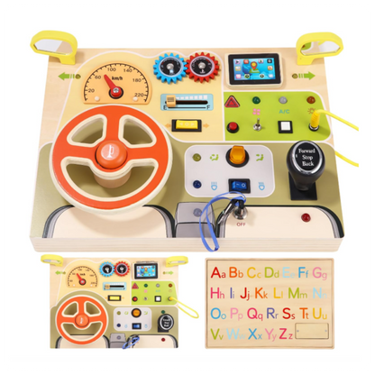 Montessori Busy Board su vairu ir LED jungikliais