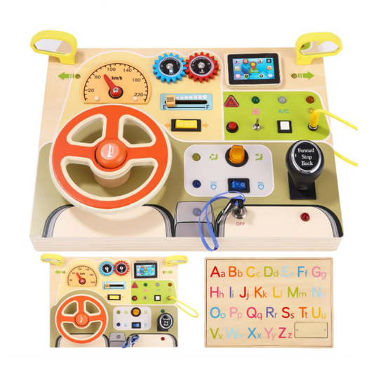 Montessori Busy Board su vairu ir LED jungikliais