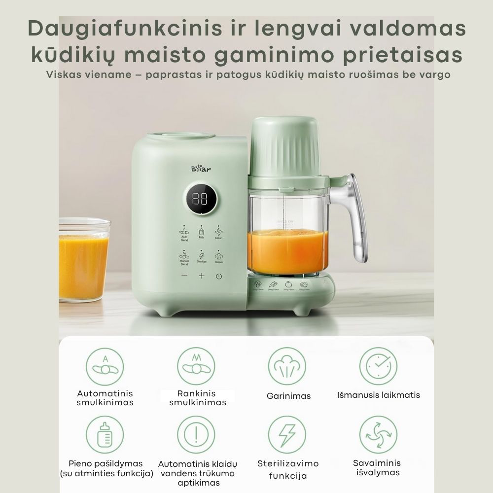 BEAR 6in1 garintuvas trintuvas su savaiminio išsivalymo, sterilizavimo ir pieno šildymo funkcija Green