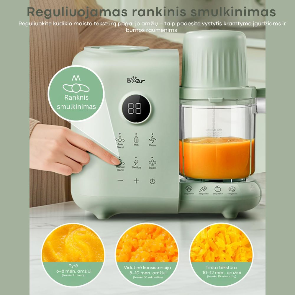 BEAR 6in1 garintuvas trintuvas su savaiminio išsivalymo, sterilizavimo ir pieno šildymo funkcija Green