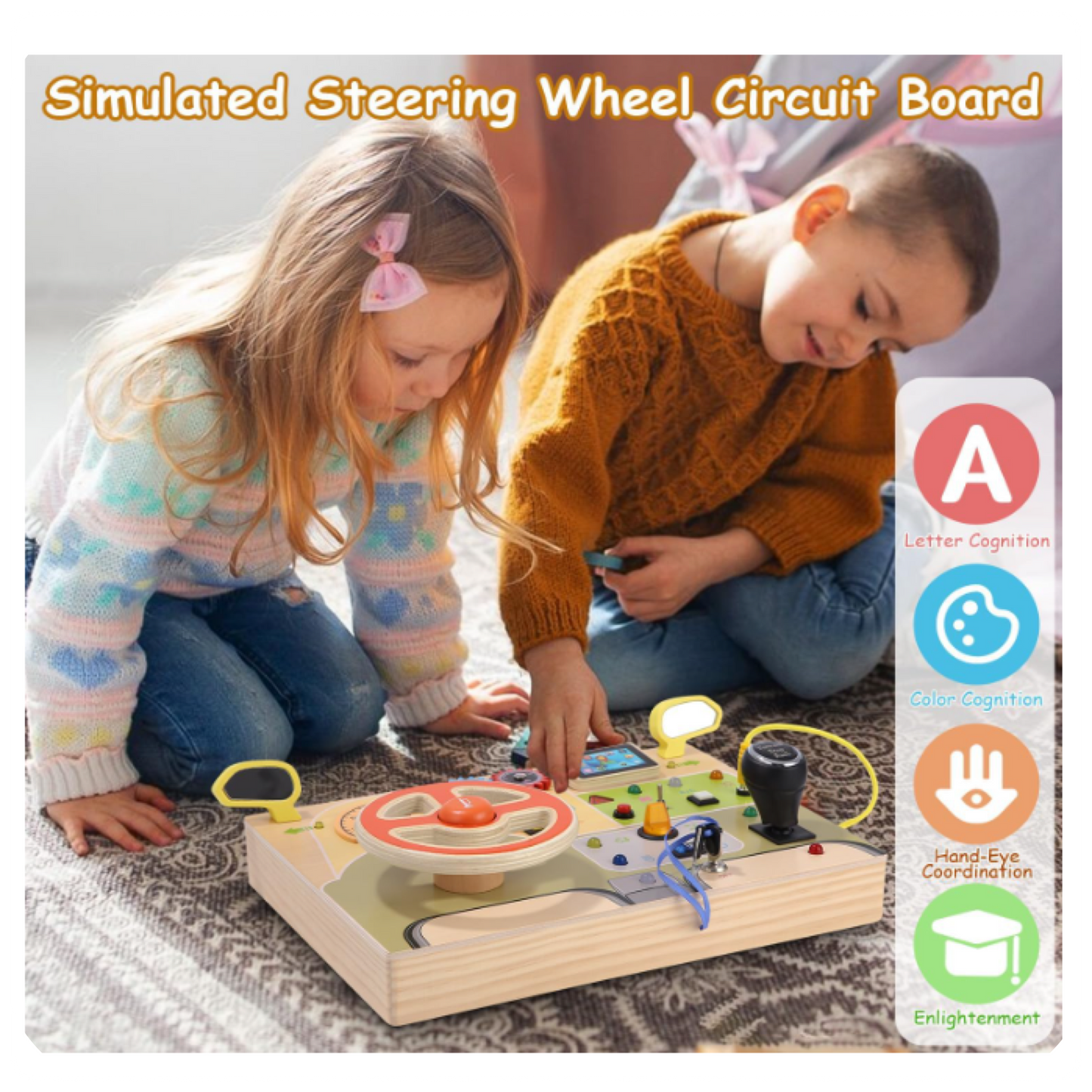 Montessori Busy Board su vairu ir LED jungikliais