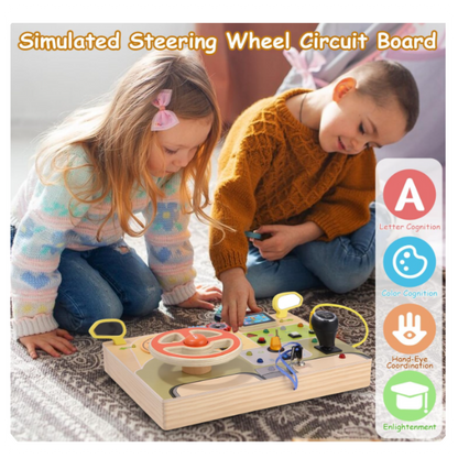 Montessori Busy Board su vairu ir LED jungikliais