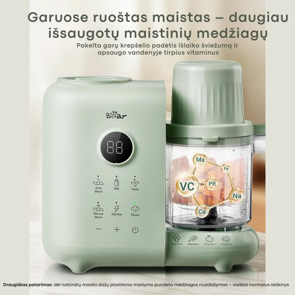BEAR 6in1 garintuvas trintuvas su savaiminio išsivalymo, sterilizavimo ir pieno šildymo funkcija Green