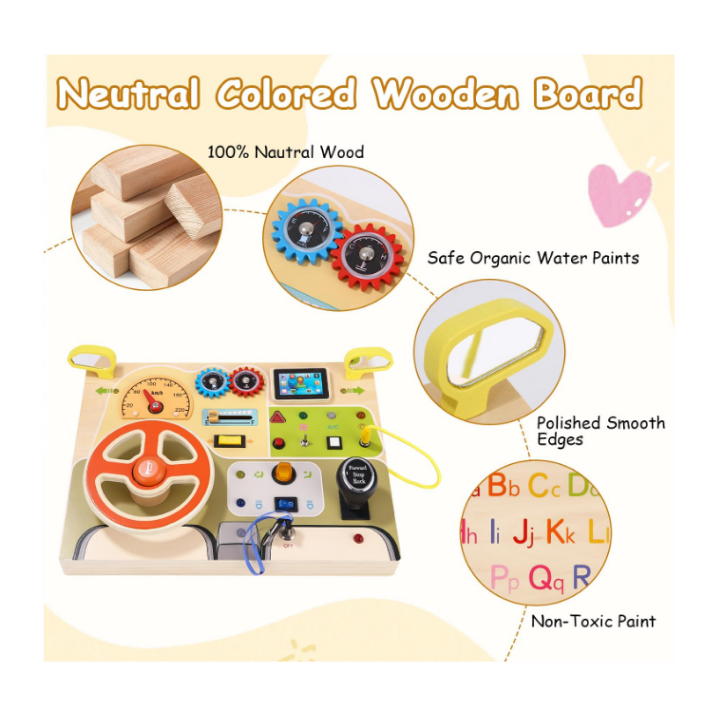 Montessori Busy Board su vairu ir LED jungikliais