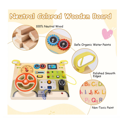Montessori Busy Board su vairu ir LED jungikliais