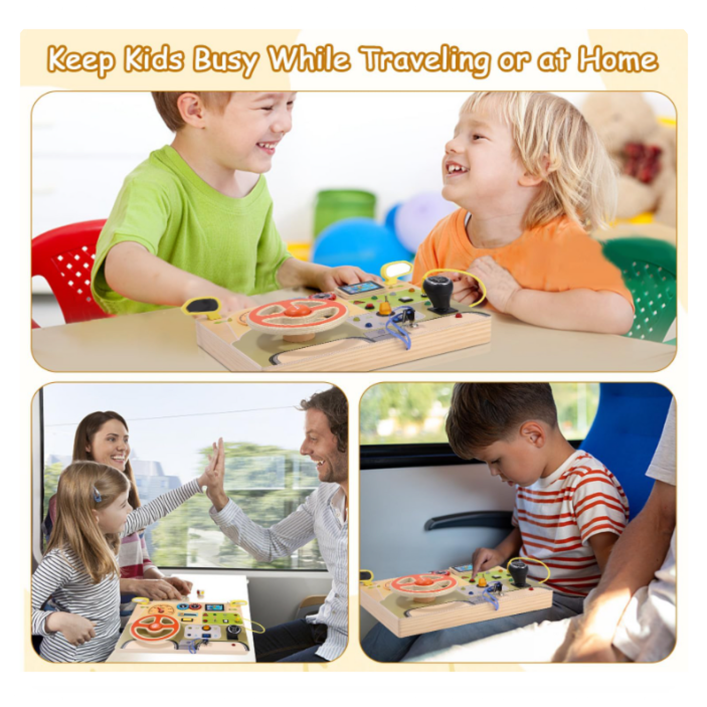 Montessori Busy Board su vairu ir LED jungikliais