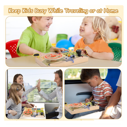 Montessori Busy Board su vairu ir LED jungikliais