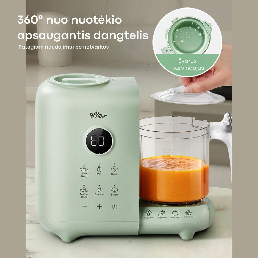 BEAR 6in1 garintuvas trintuvas su savaiminio išsivalymo, sterilizavimo ir pieno šildymo funkcija Green
